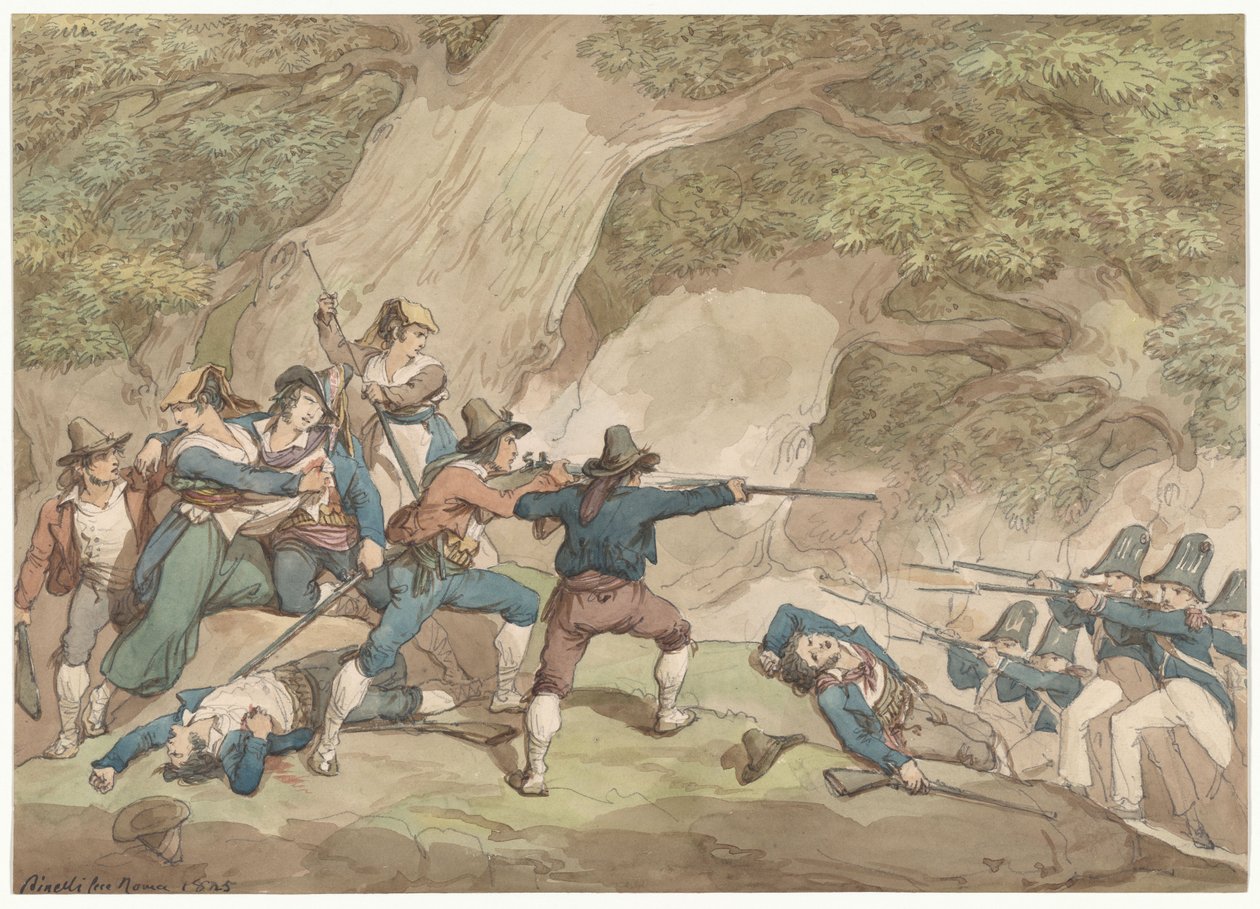 Gendarmes du royaume de Naples combattant les Calabrais, illustration pour Costumes et coutumes romains - Bartolomeo Pinelli