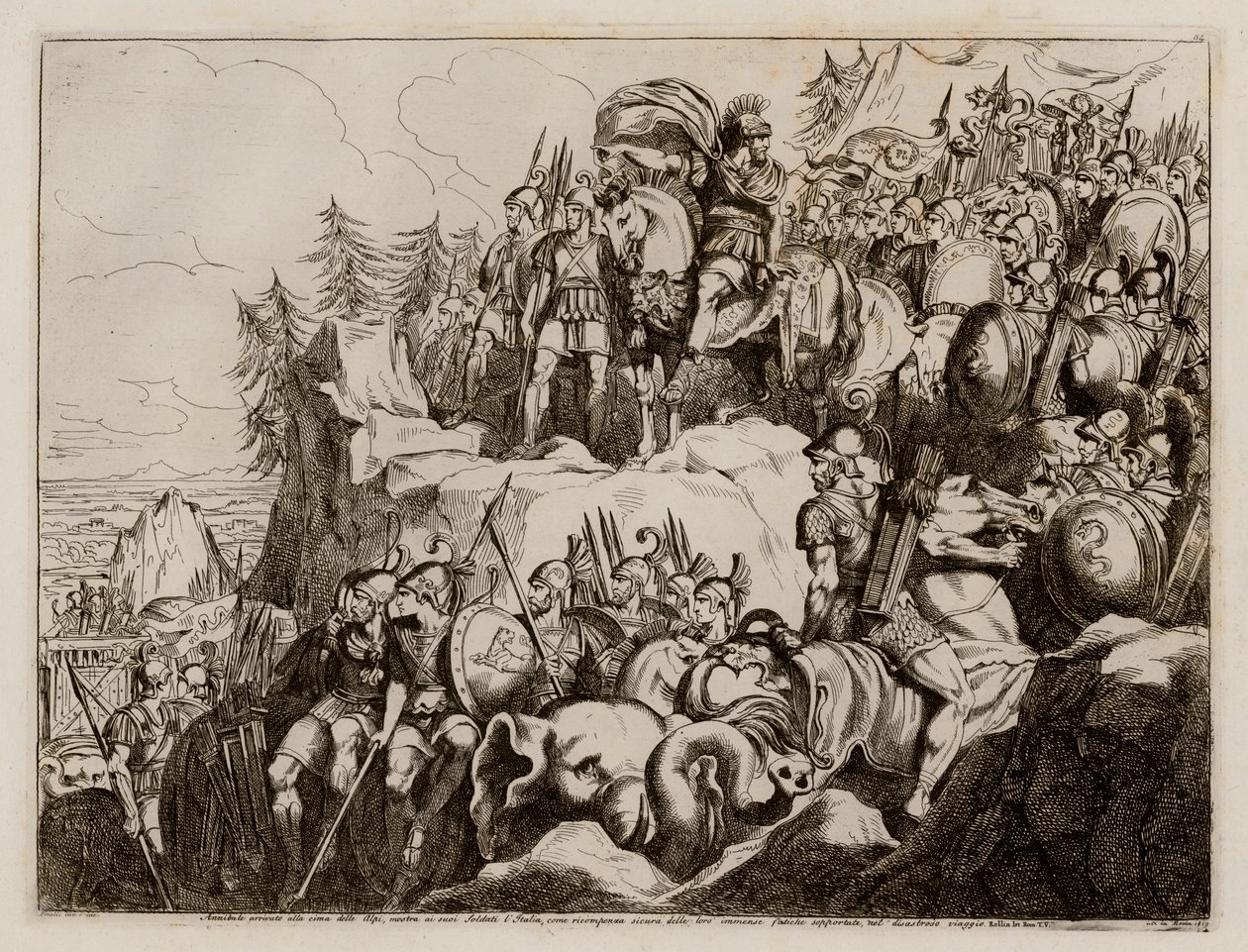 Hannibal traversant les Alpes pour entrer en Italie, 218 av. J.-C. (eau-forte) - Bartolomeo Pinelli