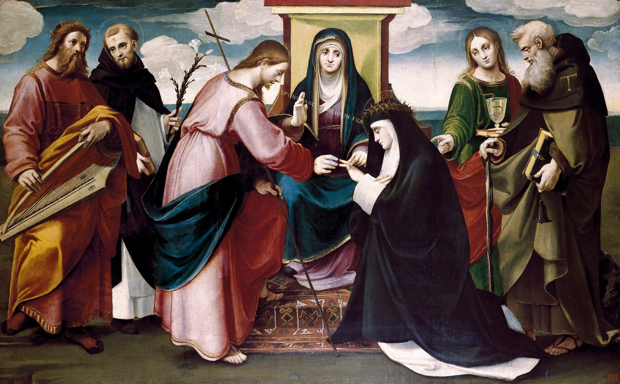 Le mariage mystique de Sainte Catherine de Sienne avec le Christ et les saints Jean-Baptiste, Antoine Abbé, Dominique, le roi David et la Vierge Marie, vers 1517 - Bartolomeo called Bagnacavallo Ramenghi