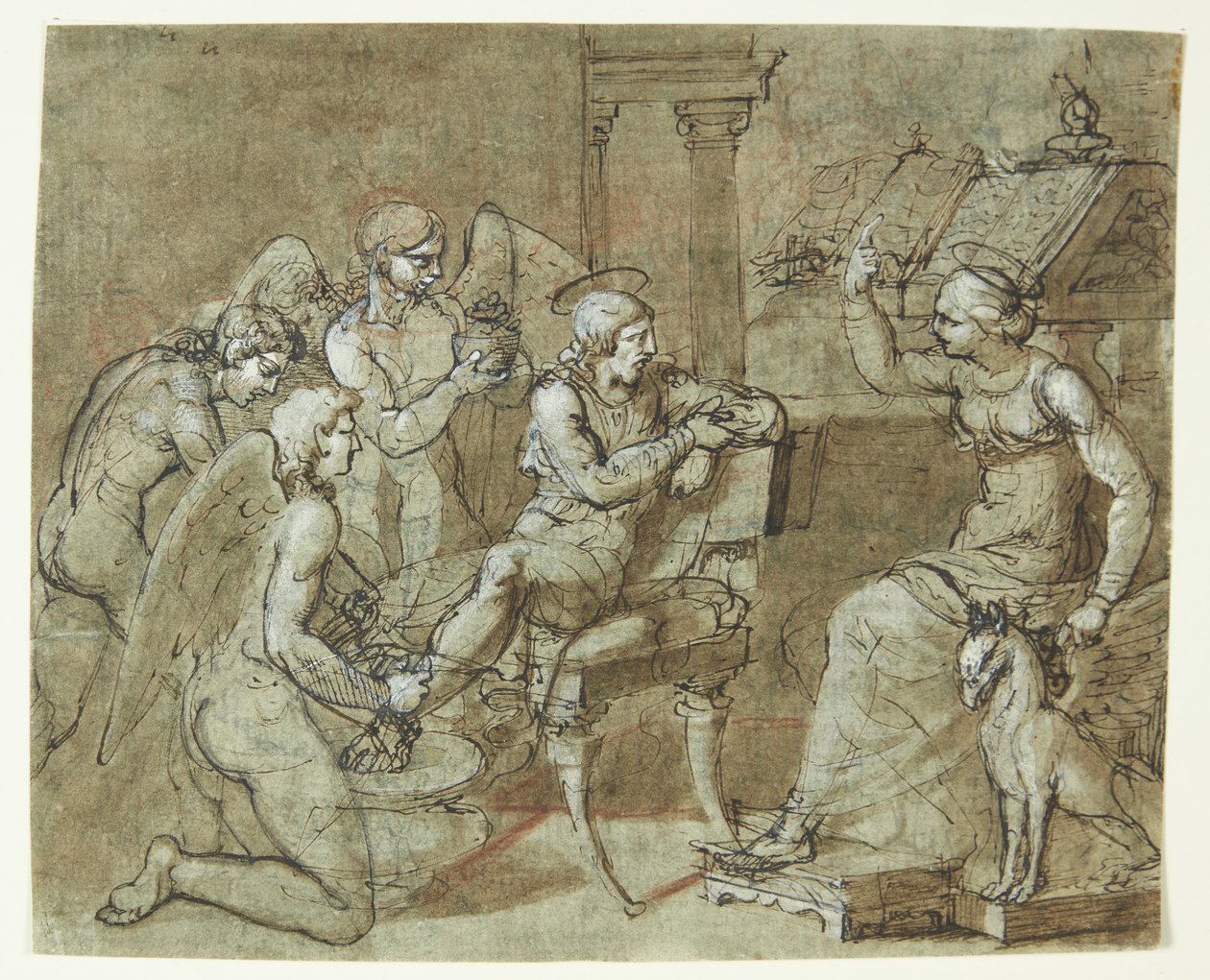 Un saint masculin lavé et soigné par des anges, écoutant une sainte féminine assise devant un pupitre et pointant vers le haut. Saint Sébastien chez Sainte Irène ? - Bartolommeo Letterini