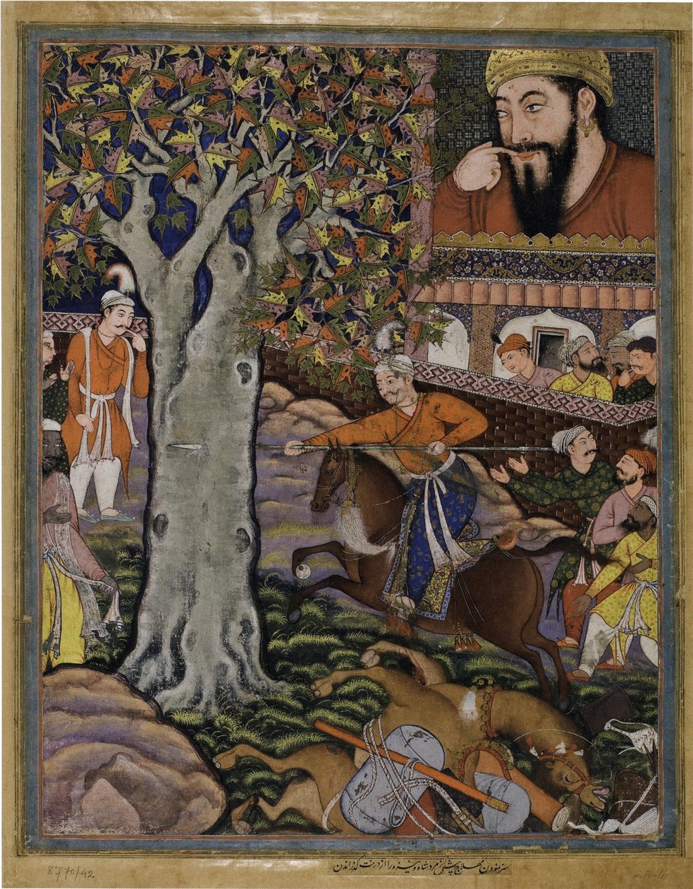 Mahlaj montre son habileté à Zumurrud Shah et fait passer une lance à travers un arbre (extrait du Hamzanama, volume 11). - Basawan