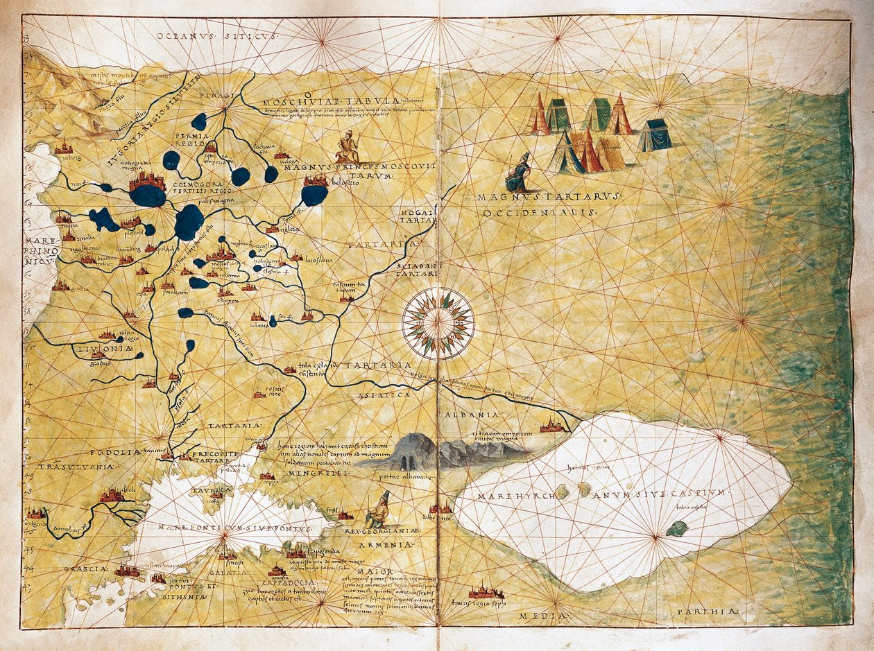 Moschoviae Tabula, carte de la Russie et des villes européennes le long de la rivière Volga - Battista Agnese