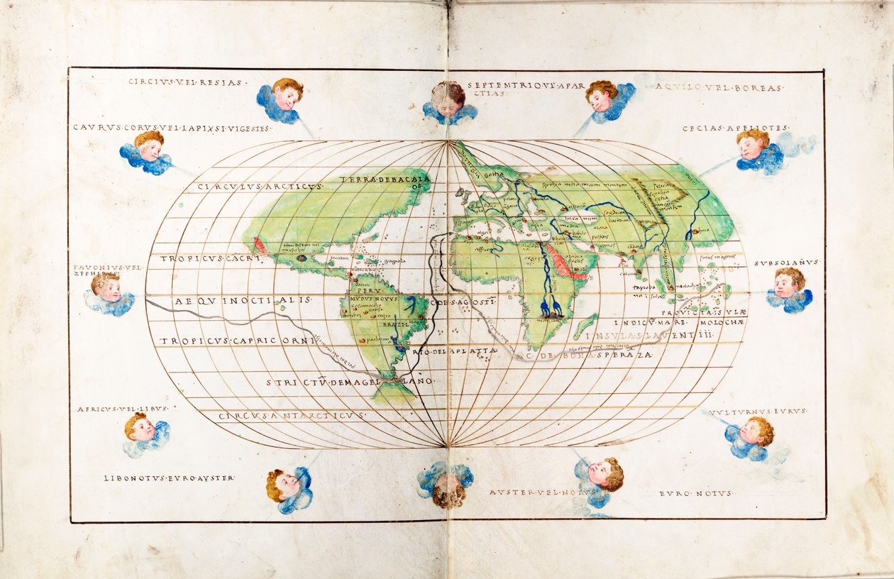 Planisphère ovale du monde montrant la route de Magellan - Battista Agnese