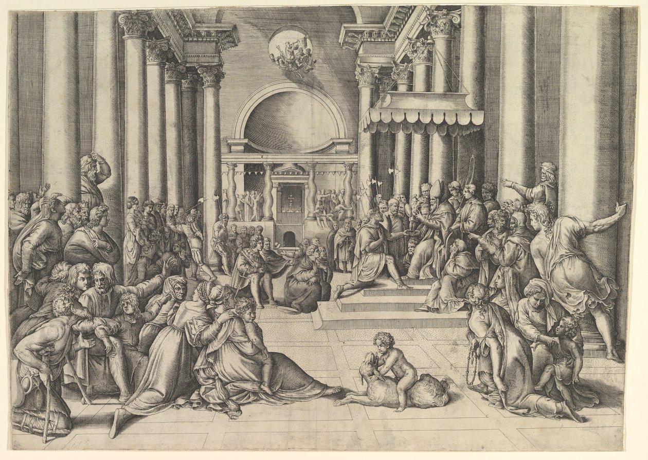 Constantin présentant la ville de Rome au Saint-Siège, à droite, de nombreux spectateurs, vers 1530-61 - Battista Franco Veneziano