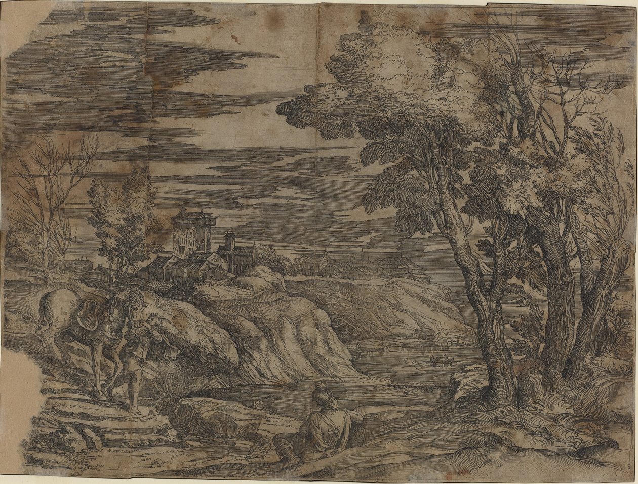 Paysage avec un homme menant un cheval - Battista Franco, after Titian