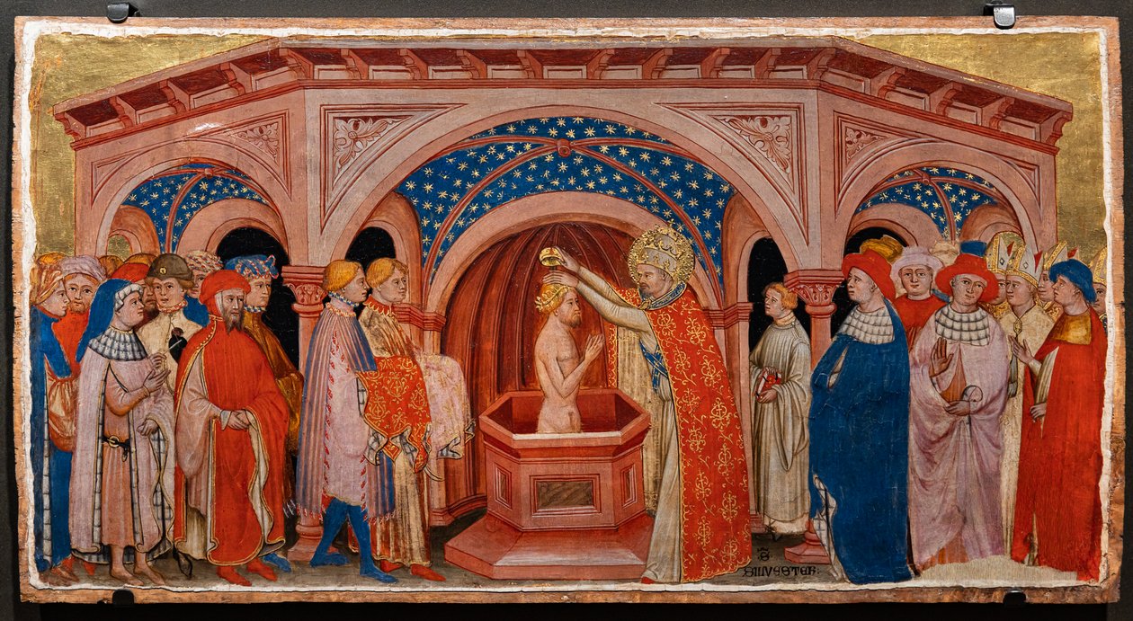 Le pape Saint Sylvestre baptisant Constantin au Latran (tempera sur panneau) - Battista da Vicenza