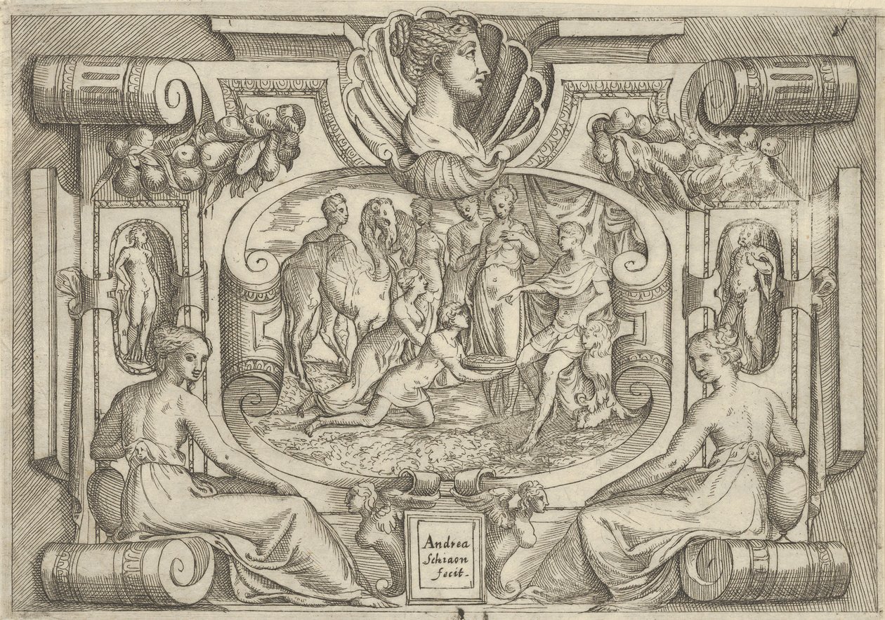 Un homme et une femme offrant un plateau de pièces à un roi assis sur un trône, vers 1540-80 - Battista del Moro