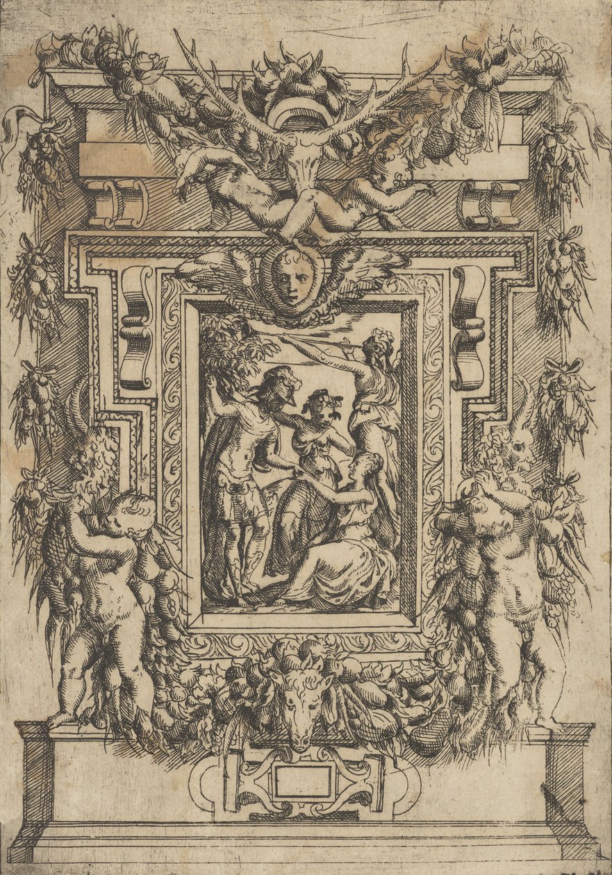 Un jeune homme offre sa main à une femme assise, une autre femme se tient entre eux, vers 1540-80 - Battista del Moro