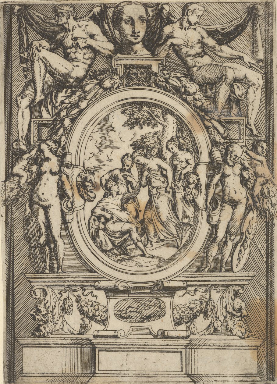 Le Jugement de Paris, un homme assis à gauche tend la main vers une femme flanquée de ..., vers 1540-80 - Battista del Moro