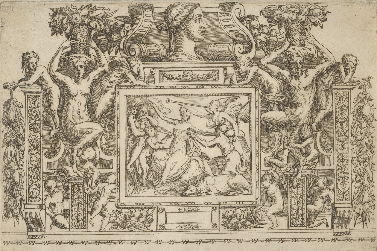 Femme assise avec les bras étendus, personnification de la Renommée avec une trompette à droite... - Battista del Moro