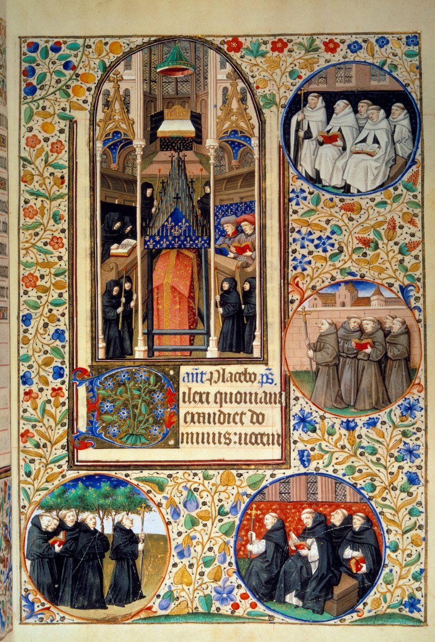 Scène de vie monastique. Dans les médaillons, de haut en bas, les Carmes, Franciscains, Dominicains, Augustins (gauche). Miniature du "Livre d