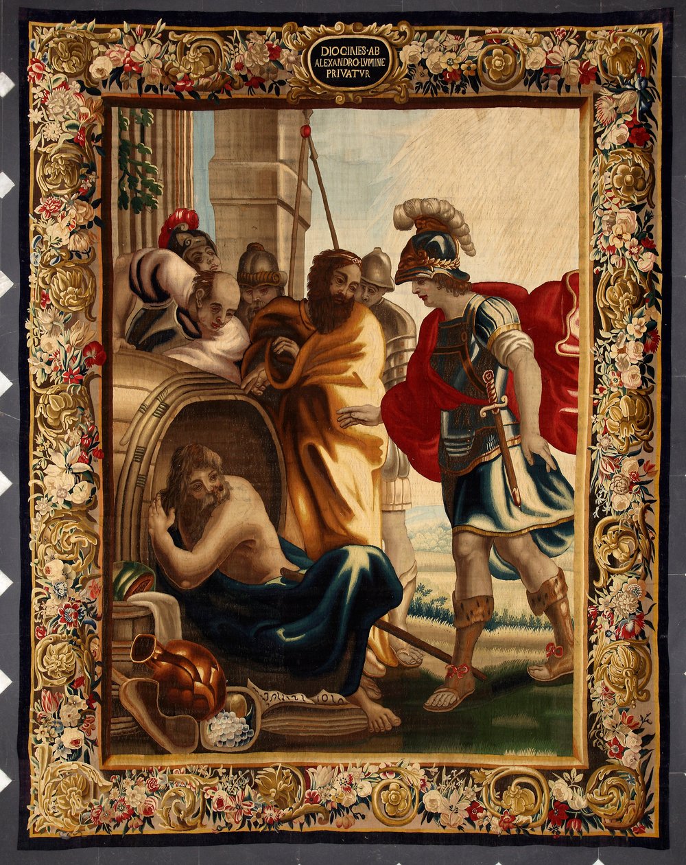 Diogène et Alexandre : rencontre entre le philosophe grec Diogène de Sinope (413-327 av. J.-C.) dans son tonneau et le roi Alexandre le Grand (356-323 av. J.-C.) à Corinthe. Lorsque le conquérant lui demanda ce qu