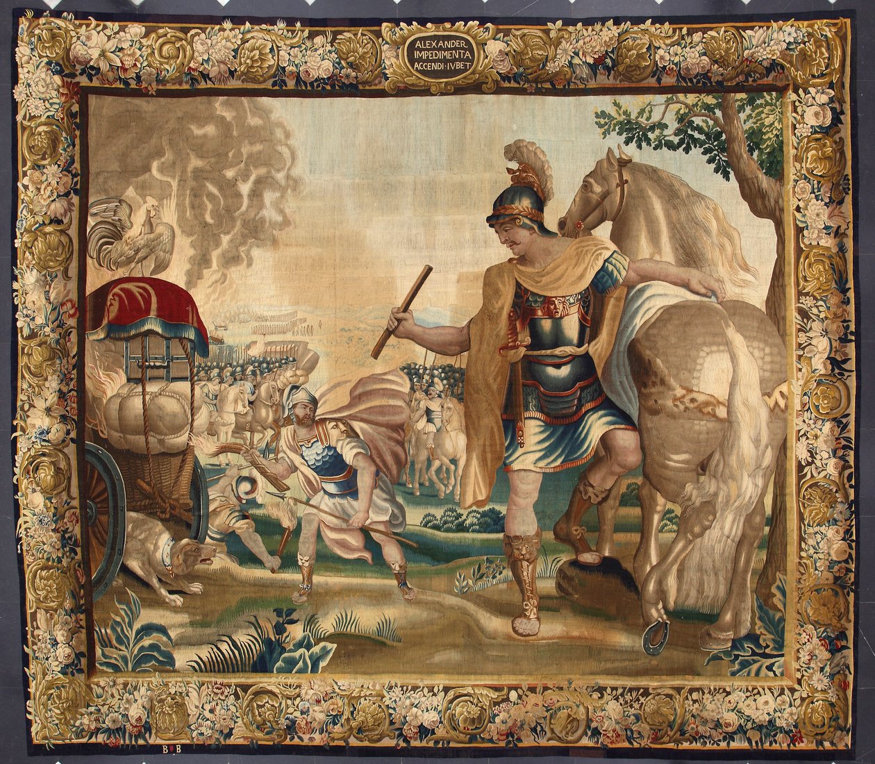 Le roi Alexandre le Grand (356-323 av. J.-C.) brûla tous les bagages inutiles avant son voyage en Inde. Tapisserie des manufactures de Bruxelles. 16ème siècle, Gênes, Musei di Strada Nuova - Belgian School