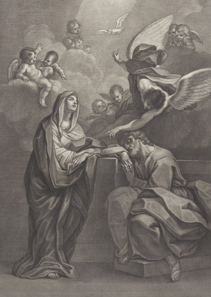 Planche 6 : Le rêve de Saint Joseph, avec la Vierge Marie à gauche et un ange au-dessus qui pointe..., 1777 - Benedetto Eredi