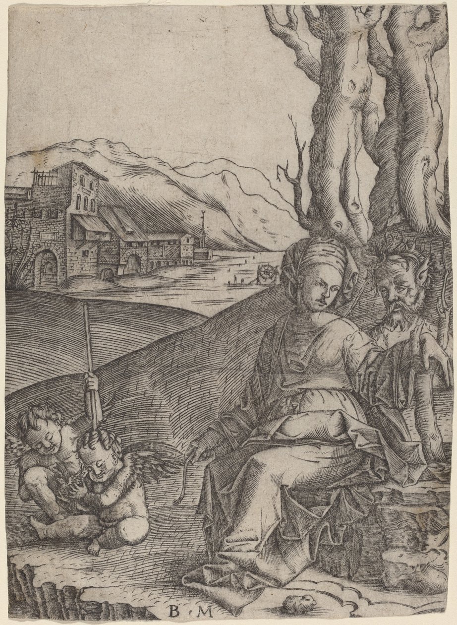 Femme et Satyre avec Deux Cupidons - Benedetto Montagna