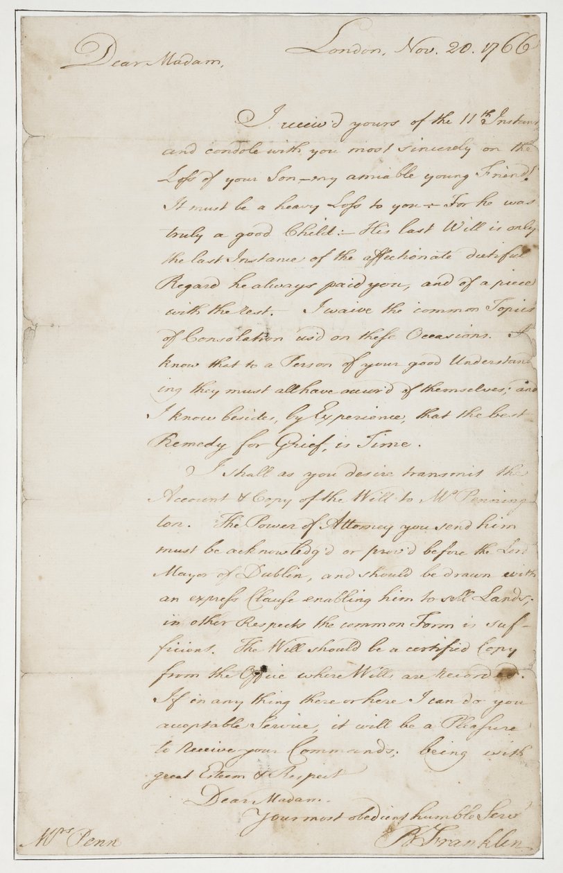 Lettre autographe à Mme Ann Penn, Londres, 20 novembre 1766 - Benjamin Franklin