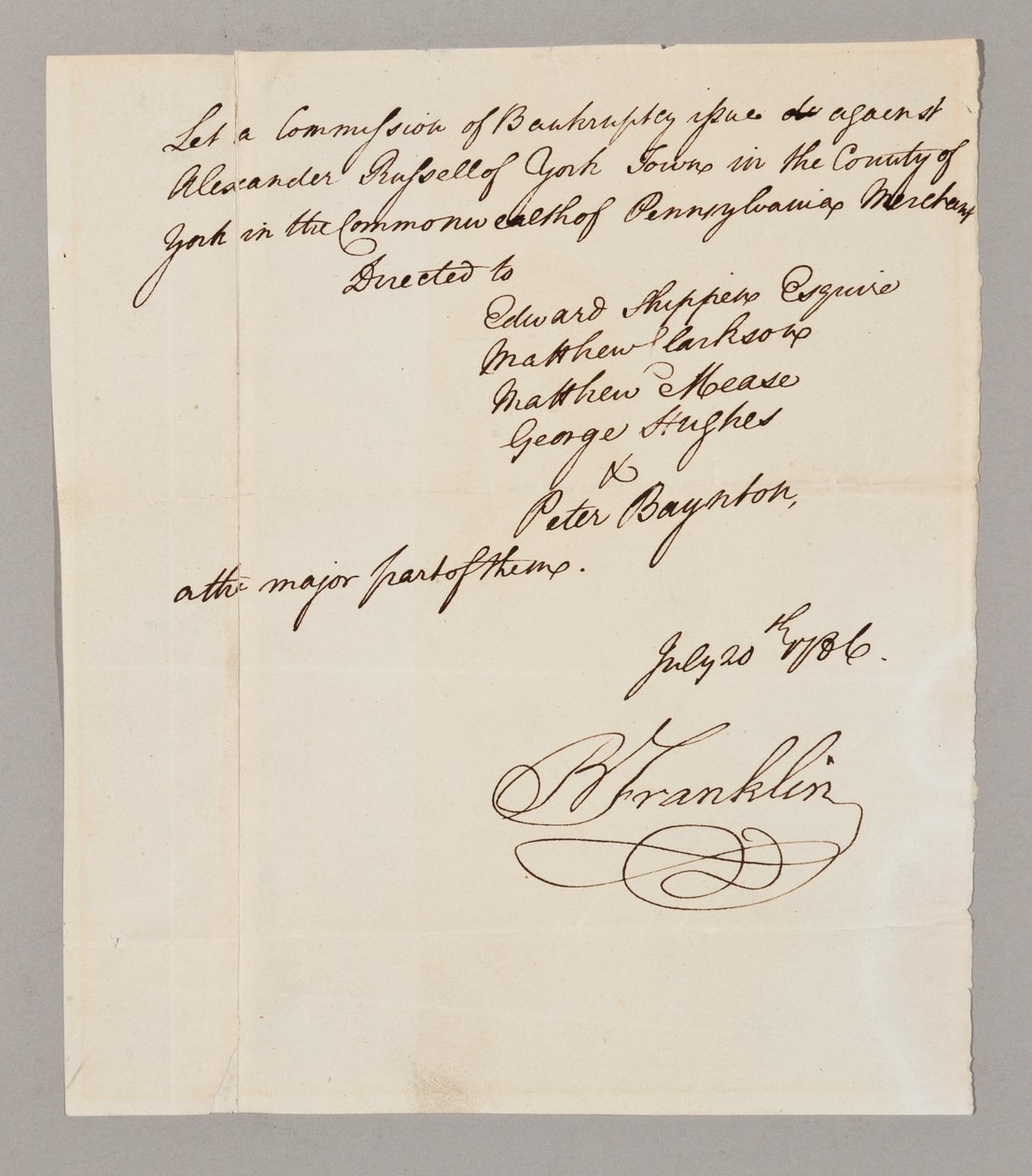 Commission de faillite, 20 juillet 1786 - Benjamin Franklin