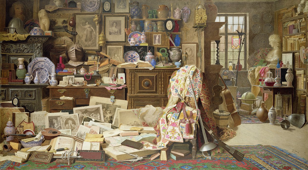Armures, estampes, images, pipes, porcelaine (toutes fissurées) vieilles tables branlantes et chaises au dossier cassé, 1882 - Benjamin Walter Spiers