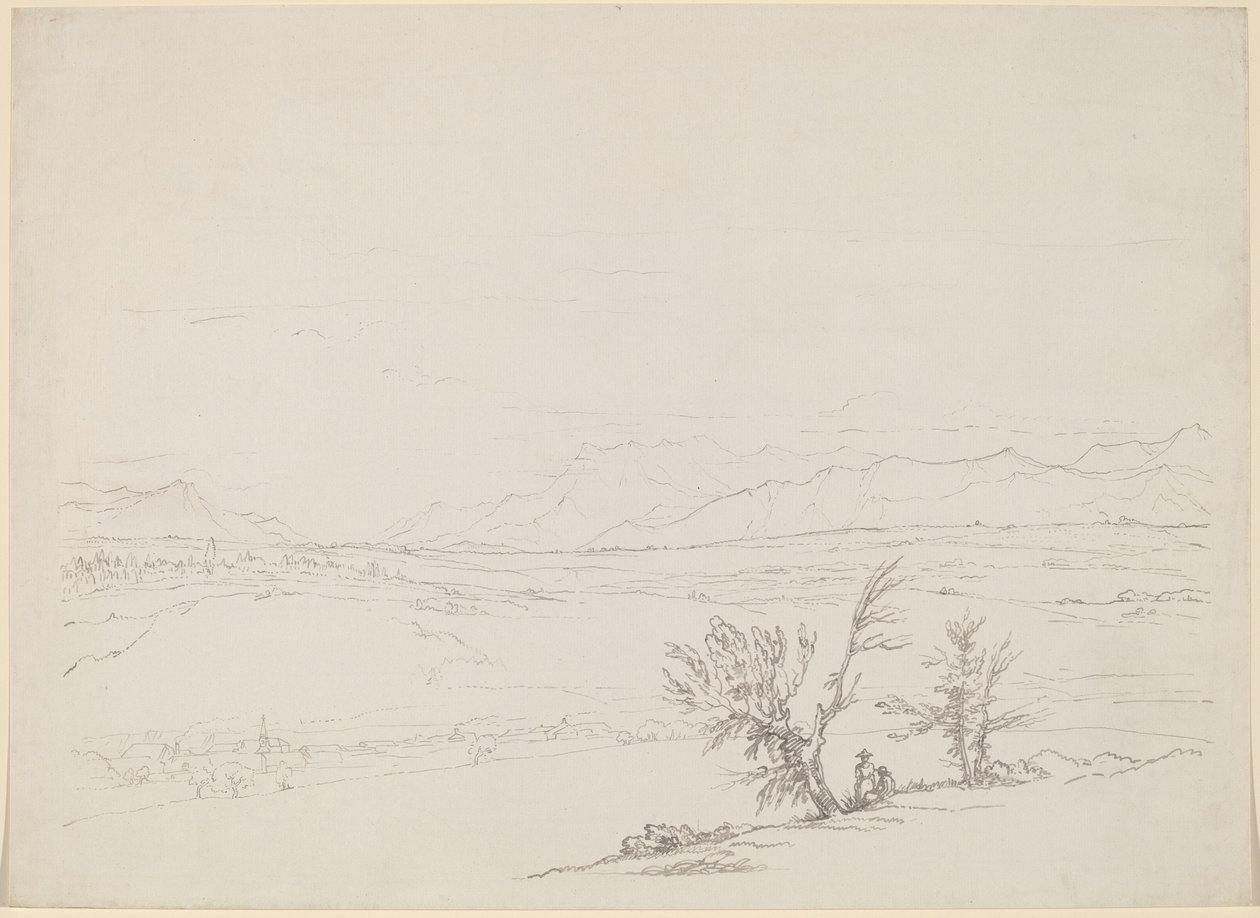 Paysage alpin avec un couple assis près des arbres surplombant une vallée - Benjamin West
