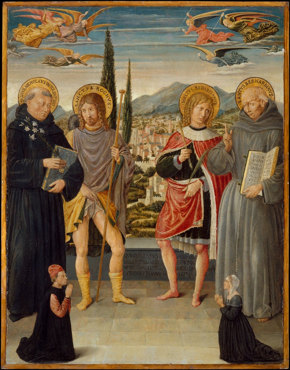 Saints Nicolas de Tolentino, Roch, Sébastien et Bernardin de Sienne, avec donateur agenouillé - Benozzo di Lese di Sandro Gozzoli