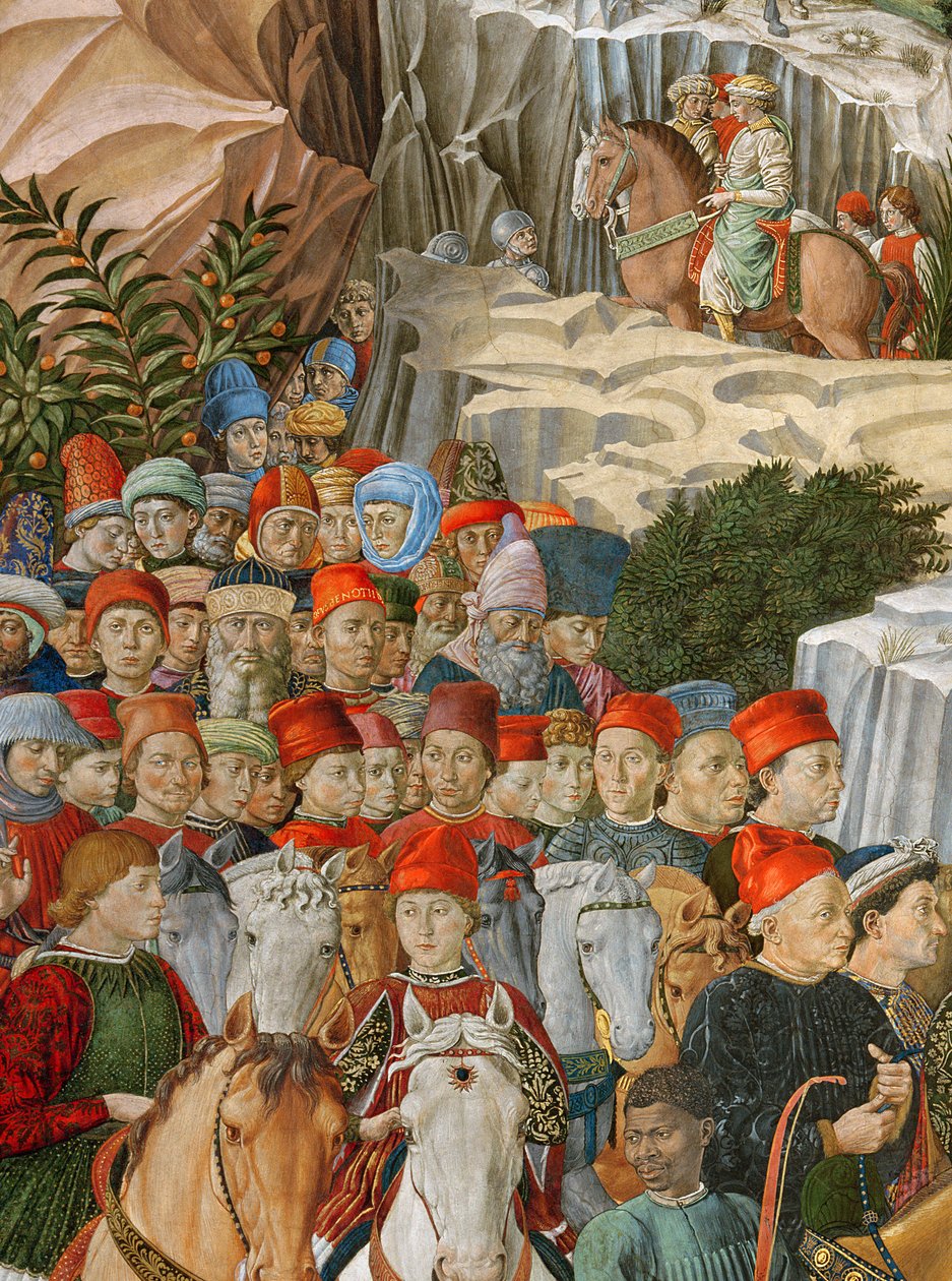 Visages dans la procession, y compris un autoportrait de Gozzoli (portant un bonnet rouge avec l