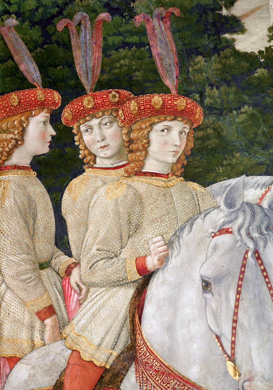 Maria (née en 1460), Bianca (1461-88) et Nannina (1463-93) Medici, jeunes sœurs de Lorenzo (1449-92) et Giuliano (1453-78), détail du cycle du Voyage des Mages dans la chapelle, vers 1460 - Benozzo di Lese di Sandro Gozzoli