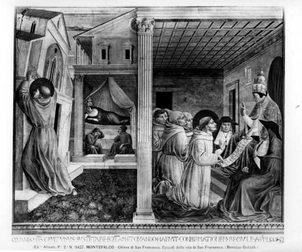 Le pape Innocent III approuvant la règle (fresque) (photo n/b) - Benozzo di Lese di Sandro Gozzoli