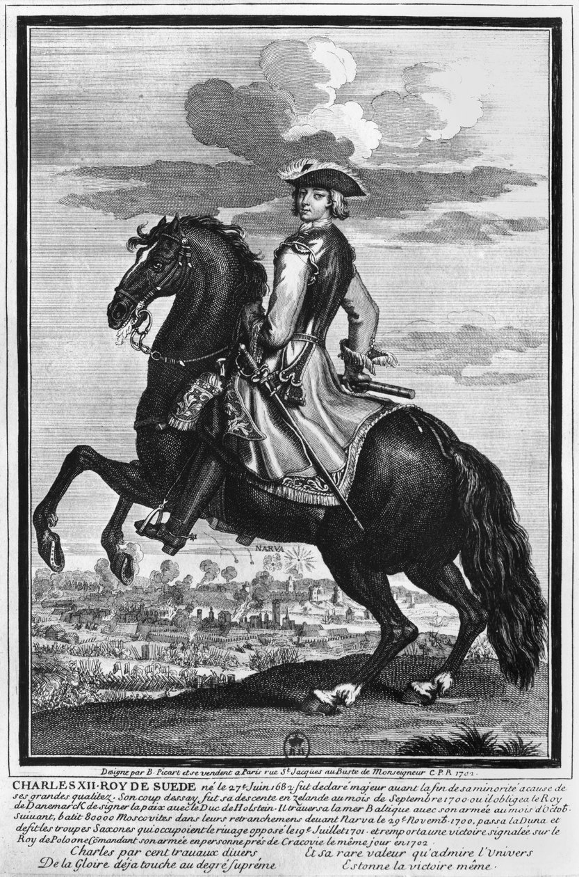 Le roi Charles XII (1682-1718) de Suède, à cheval, 1702 - Bernard Picart