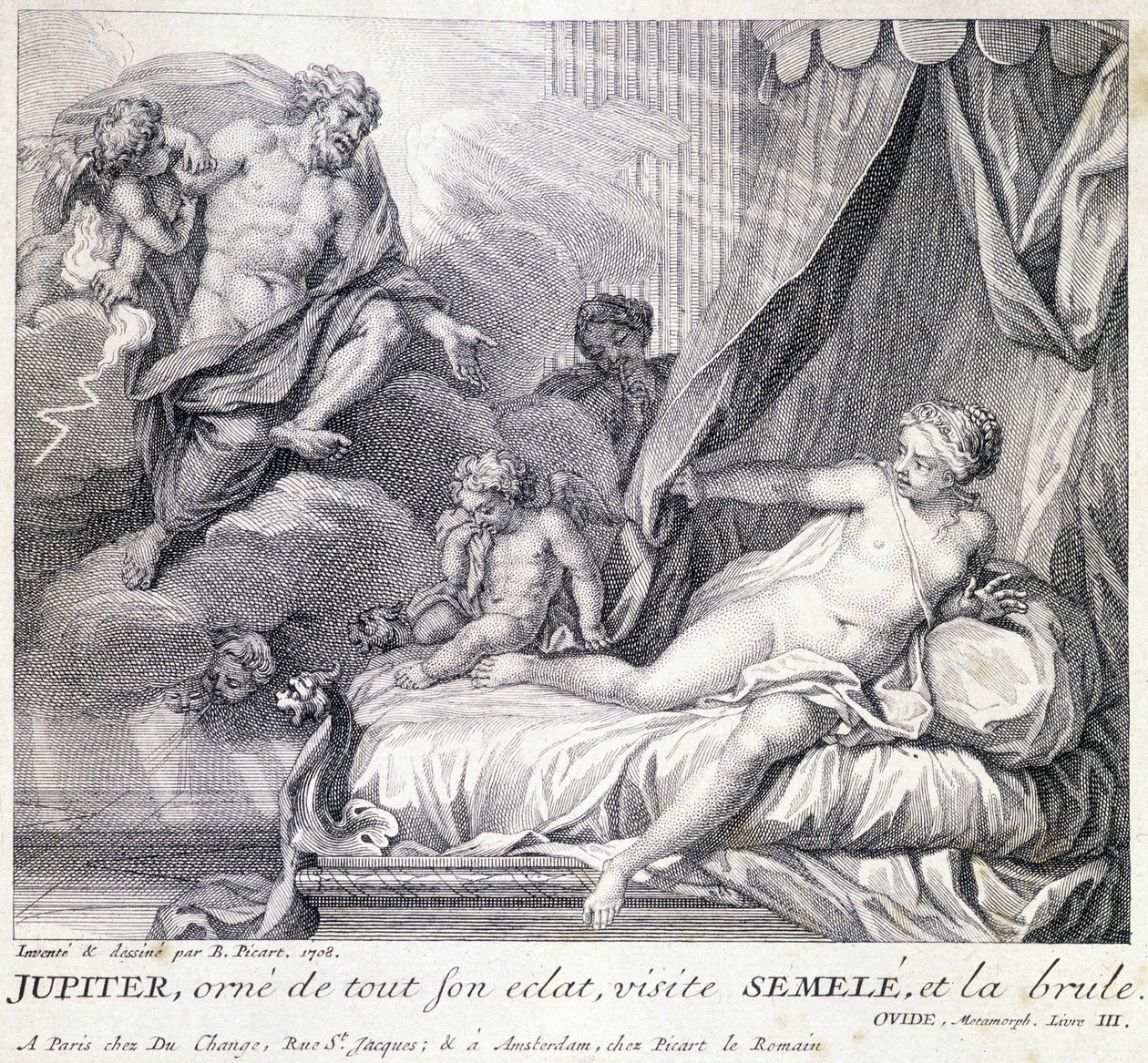 Jupiter (Zeus) brûle Sémélé avec sa foudre. Gravure du 18e siècle d