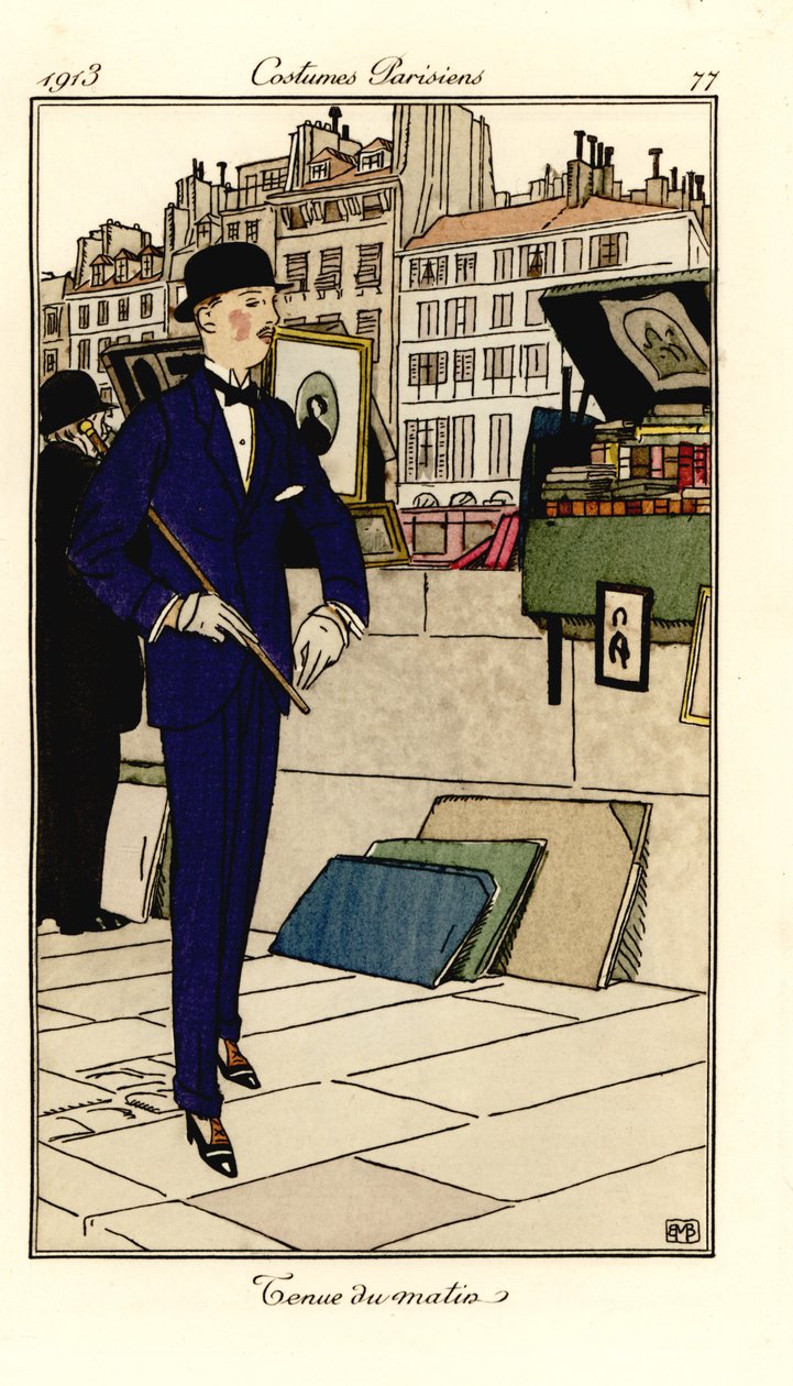 Homme en costume, chapeau melon et canne marchant devant des bouquinistes sur la Seine. Tenue du matin. - Bernard Boutet de Monvel
