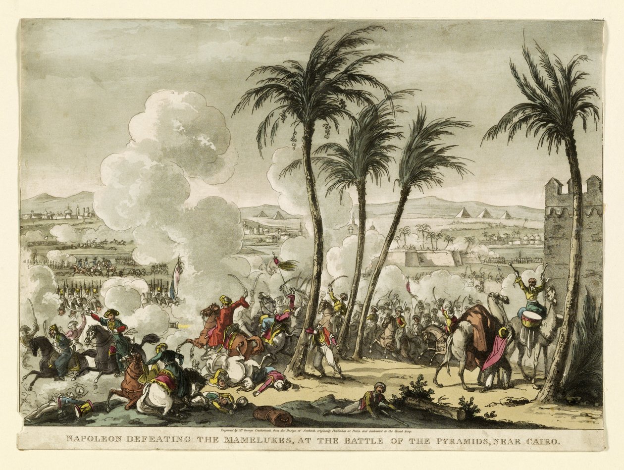 Napoléon défaisant les Mamelouks à la Bataille des Pyramides, près du Caire, gravé par George Cruikshank - Bernard Edouard Swebach