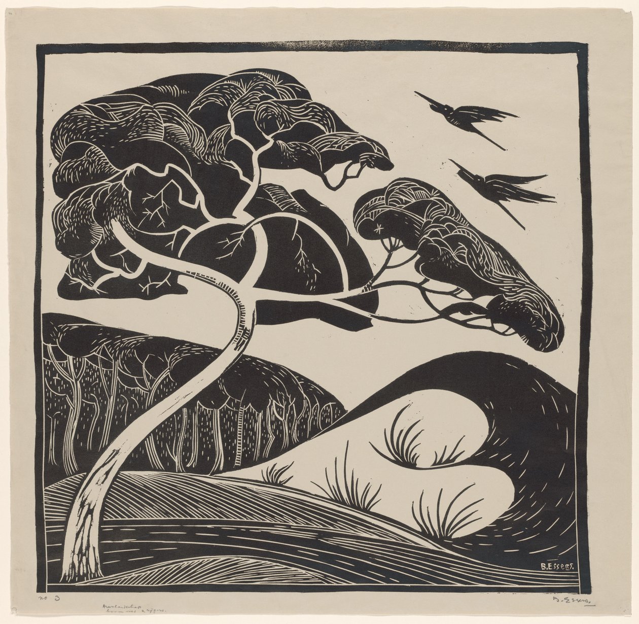 Paysage de dunes (détail)
Arbre avec 2 hérons (détail) - Bernard Essers (signed by artist)