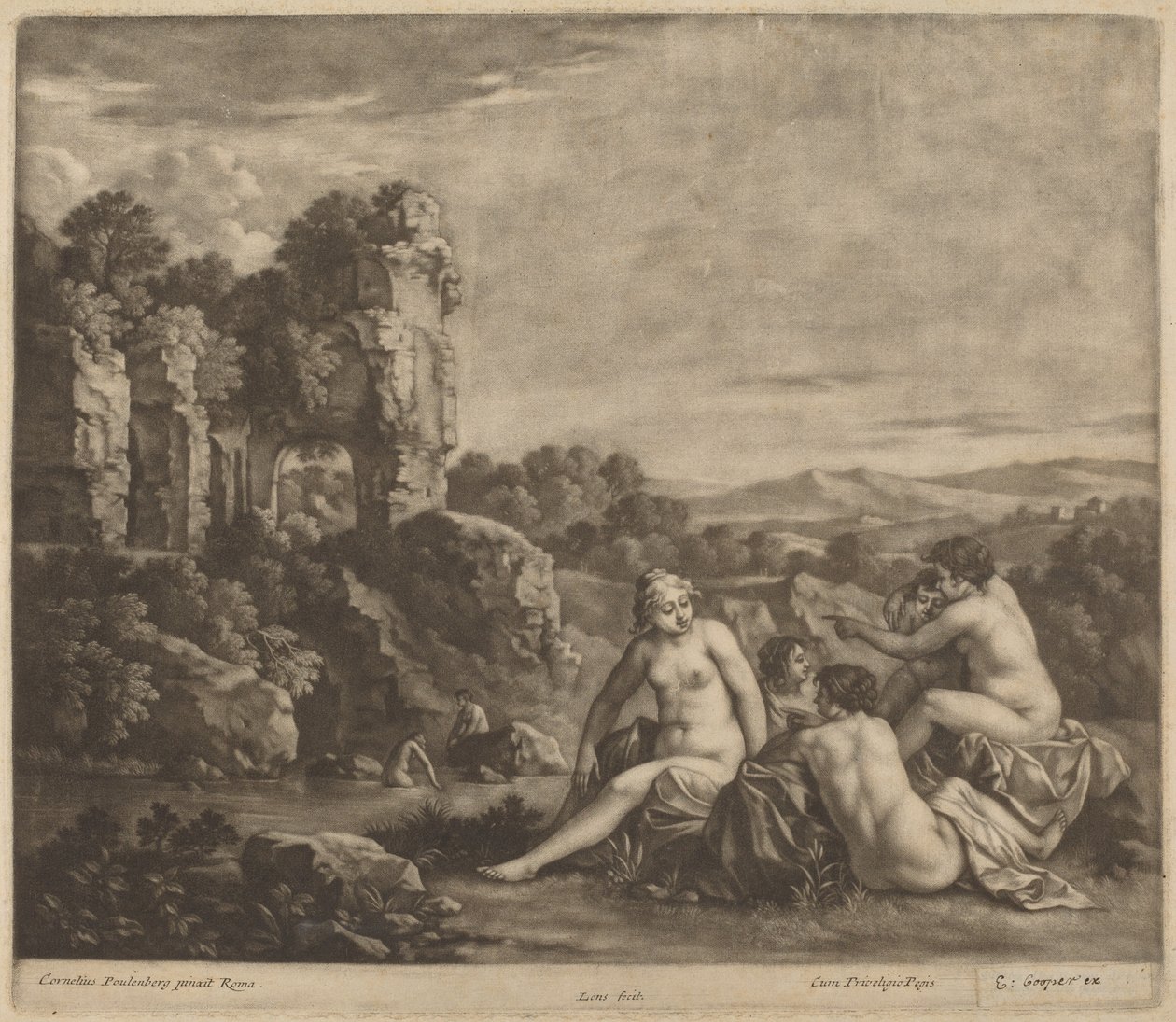 Baigneurs dans un paysage - Bernard Lens, after Cornelis van Poelenburch
