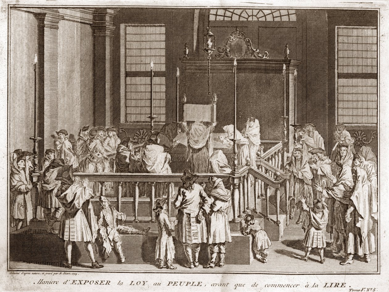 Judaïsme : exposition de la Torah dans une synagogue avant la lecture) Gravure de l