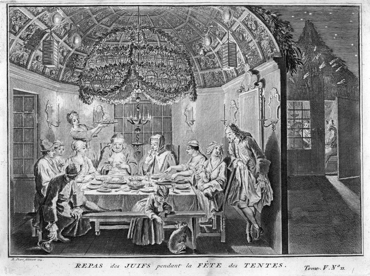 Judaïsme : repas pour le peuple juif pendant la fête de Souccot (fête des tabernacles ou des cabanes) Gravure de « Illustration des cérémonies et coutumes religieuses de tous les peuples du monde » par Bernard Picart (1723-1743) 1819 Collection privée - Bernard Picart