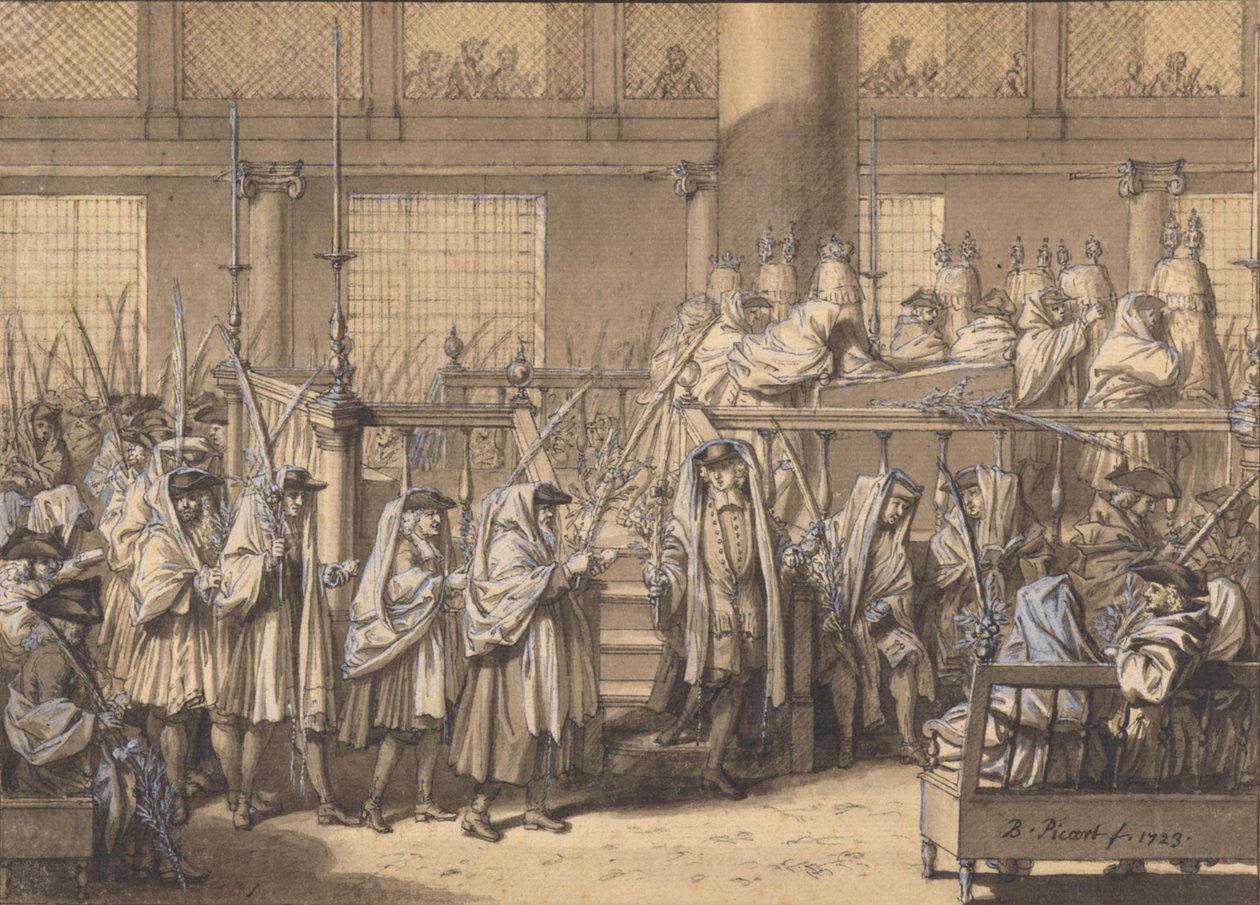 Procession avec des branches de palmier pendant la fête des Tabernacles dans la synagogue portugaise d