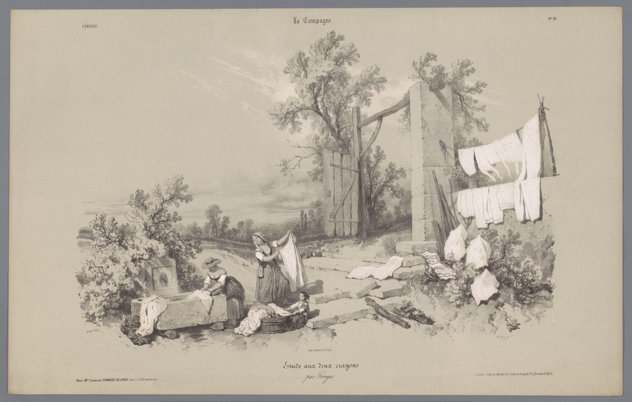 Deux femmes et une fille faisant la lessive dehors
La Campagne. Études variées aux deux Crayons (série) - Bernard Romain Julien