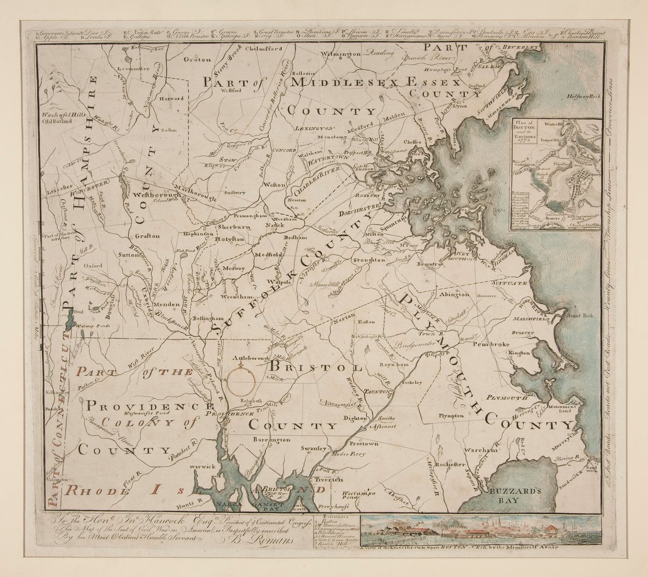Carte de Boston et ses environs, vers 1775 - Bernard Romans