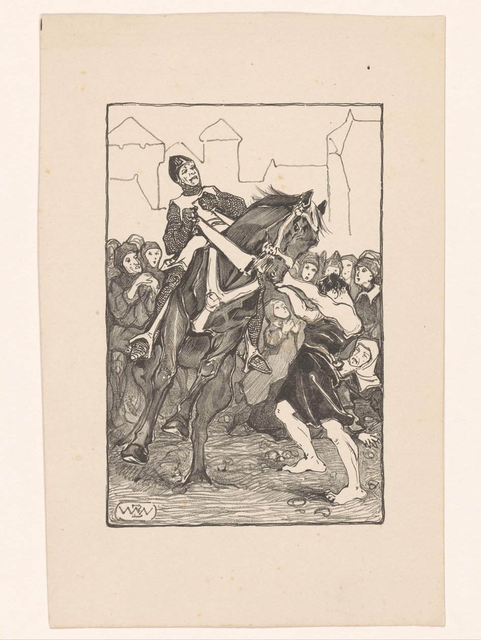 Homme tenant un cheval sauvage sur une place animée - Bernard Willem Wierink