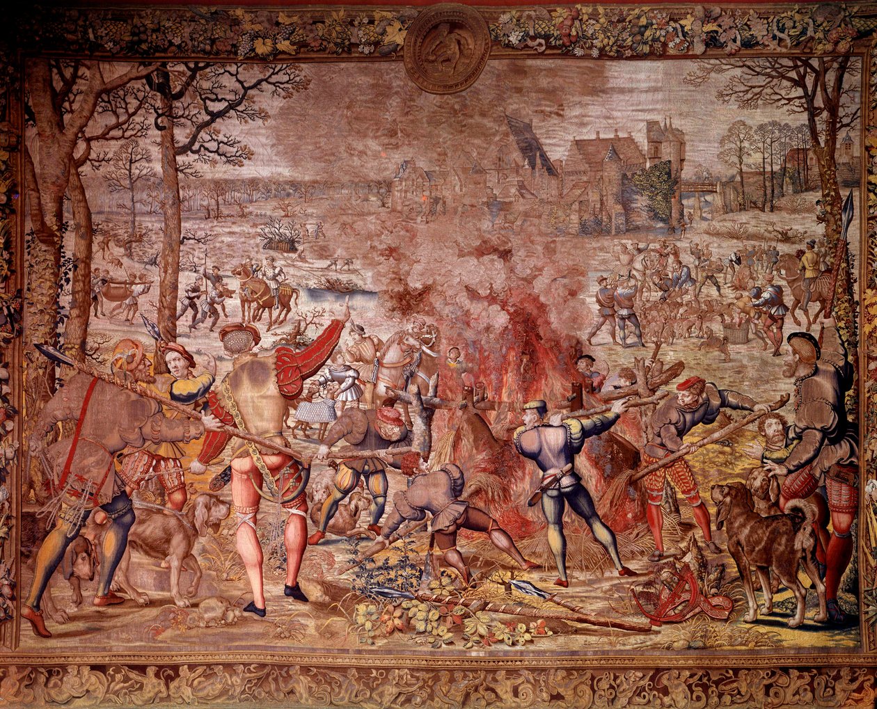 Les chasses de Maximilien appelées « Belles chasses de Guise » : le mois de janvier, Verseau, chasse au sanglier, flambée, curée - Tapisserie réalisée dans les ateliers flamands par Bernard van Orley - Bernard van (after) Orley