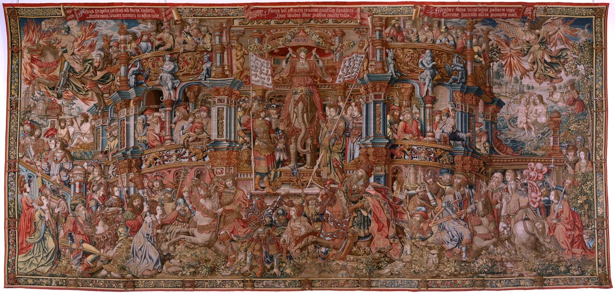 Tapisserie flamande. Série Les Honneurs. La Renommée (La Fama). Troisième tapisserie de la série. Modèle Cartonnistes du cercle de Bernard van Orley et Jan Gossaert (Mabuse). Manufacture Pieter van Aelst, Bruxelles. Vers 1550. Tissu Or, argent, soie et lai - Bernard van Orley