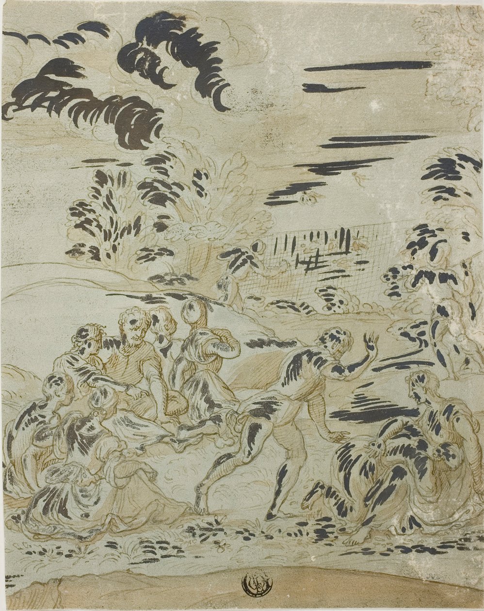 Scène pastorale : Hommes chassant des oiseaux, couples assis sur le sol - Bernard van Orley
