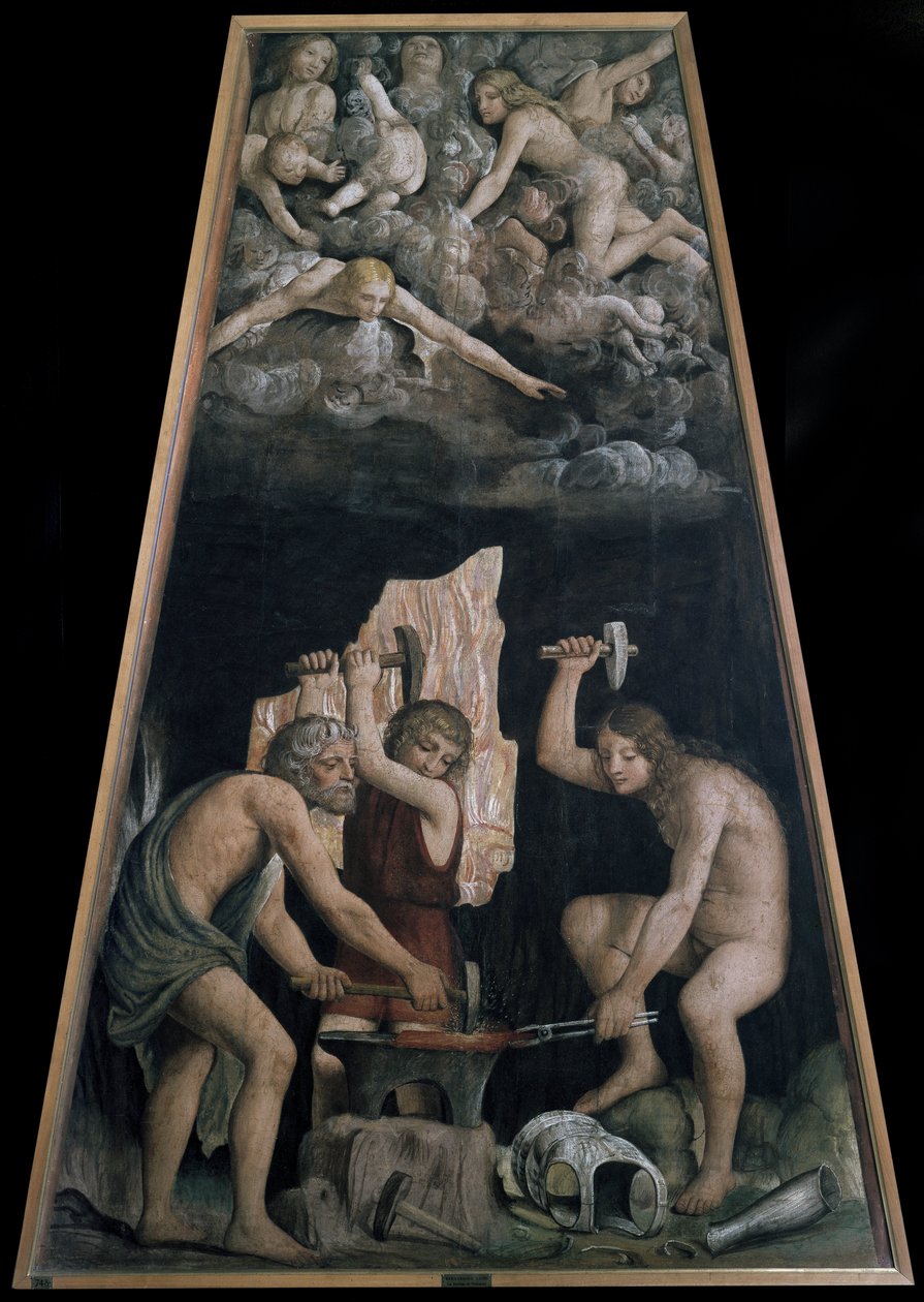 Armes divines forgées dans la forge de Vulcain devant des anges allongés dans les nuages (détail) - Bernardino Luini