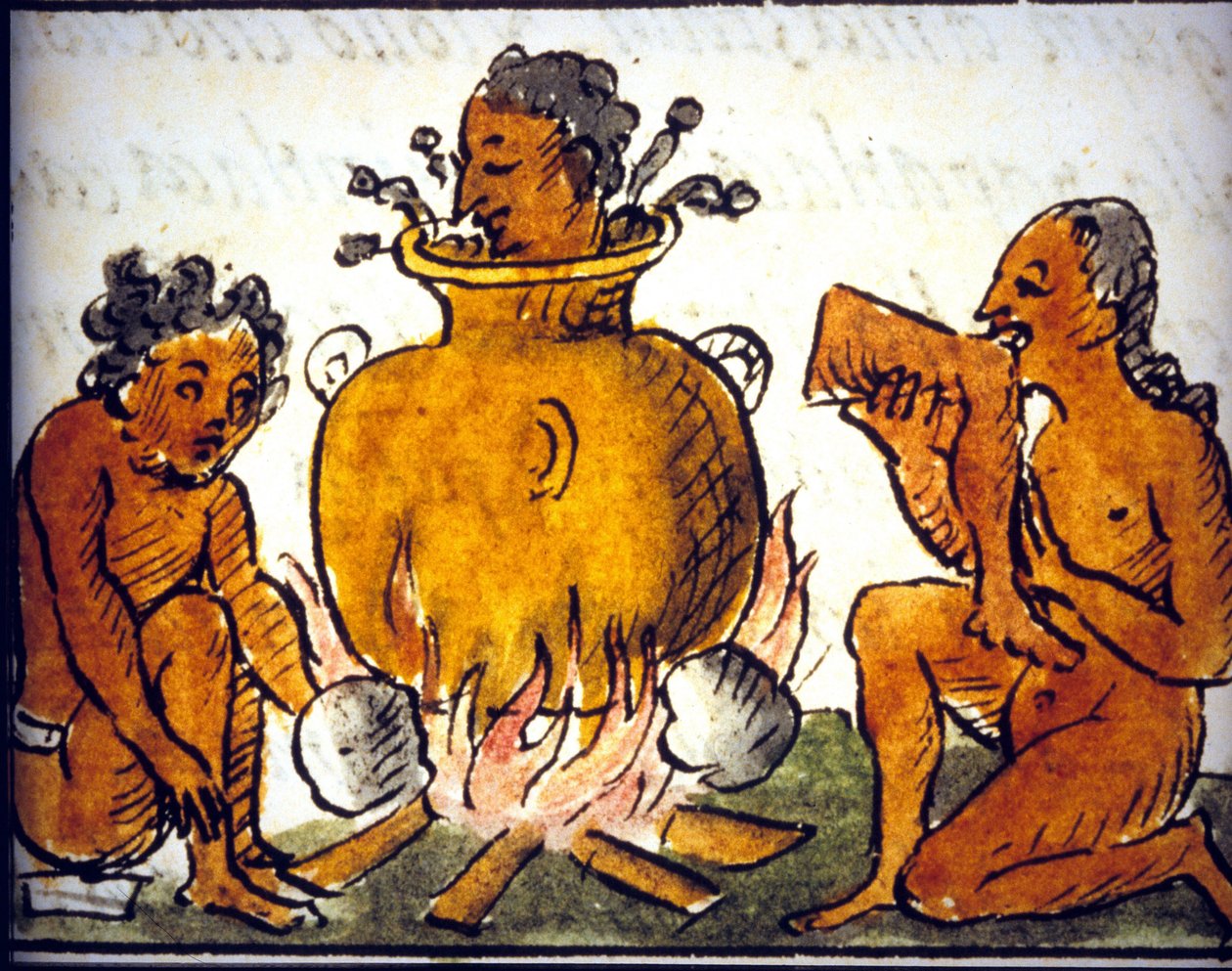 Cannibalisme rituel chez les Aztèques. Manuscrit de Bernardino de Sahagun. 17ème siècle. (détail) - Bernardino de Sahagun