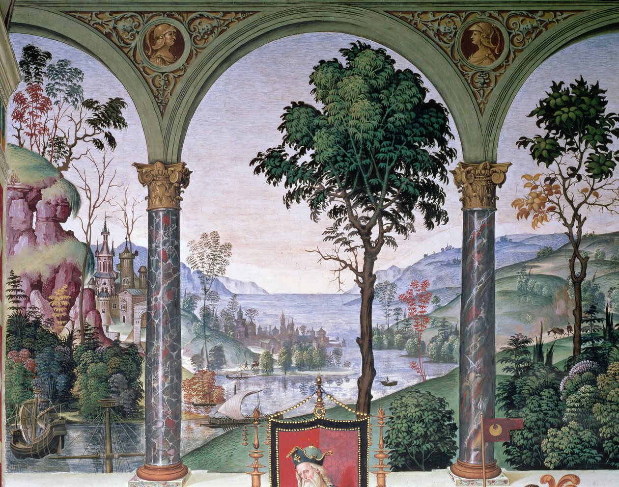 Paysage en arrière-plan vu à travers la loggia (détail) - Bernardino di Betto Pinturicchio