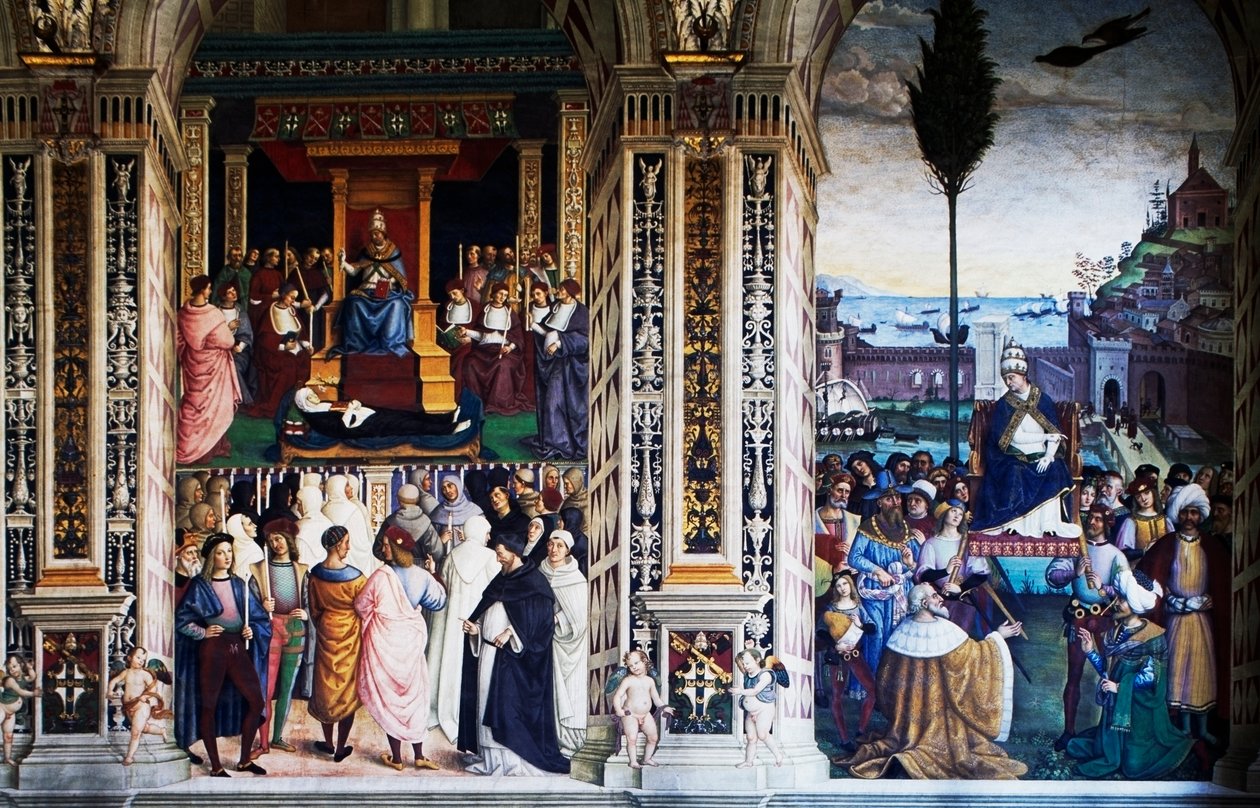 Pie II arrivant à Ancône pour lancer la croisade (16e siècle), fresque de Pinturicchio (1452-1513), Bibliothèque Piccolomini, Cathédrale de Sienne, Toscane, Italie - Bernardino di Betto Pinturicchio