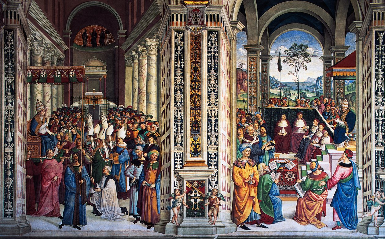Pie II arrivant à Ancône pour commencer la croisade (16e siècle), fresque de Pinturicchio (1452-1513), Bibliothèque Piccolomini, Cathédrale de Sienne, Toscane, Italie - Bernardino di Betto Pinturicchio