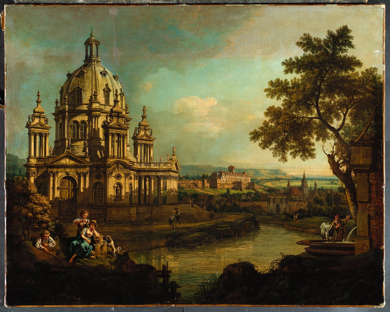 Un capriccio avec une église à dôme et des bâtiments à Pirna, c.1765 - Bernardo Bellotto