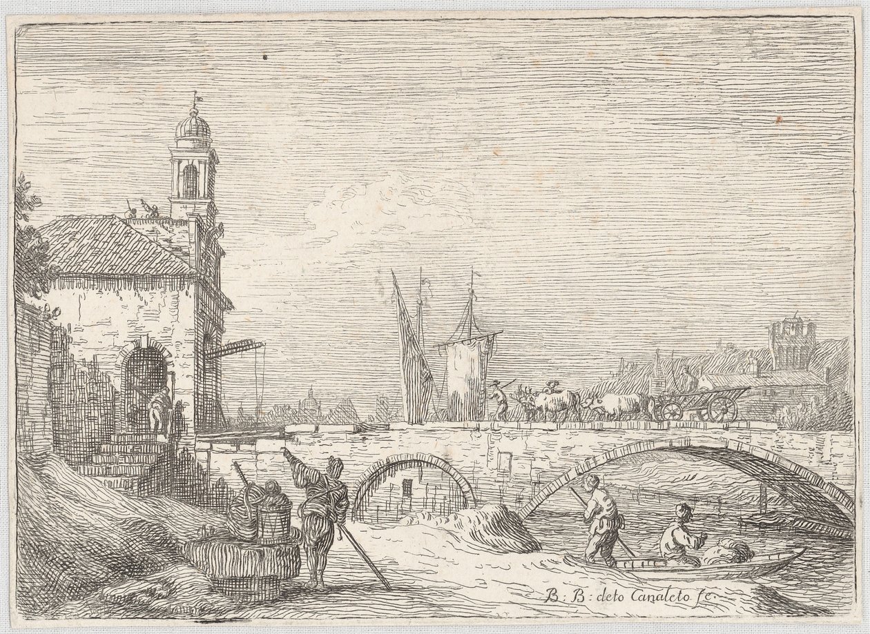 Capriccio représentant un pont et une porte fortifiée dans le style de la Porta Portello de Padoue - Bernardo Bellotto