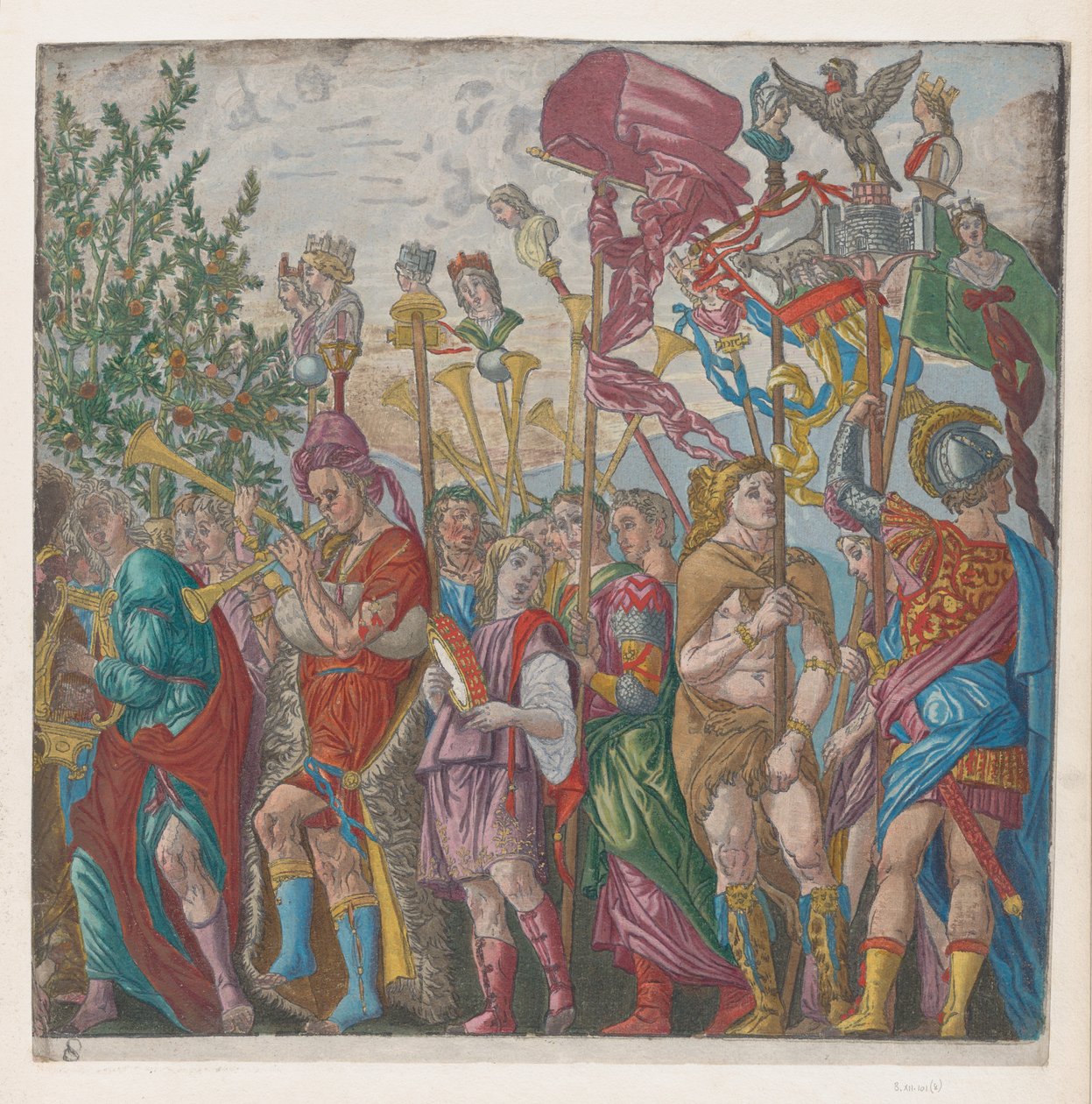 Feuille 7 : procession de musiciens et autres portant des étendards, du Triomphe de Jules - Bernardo Malpizzi